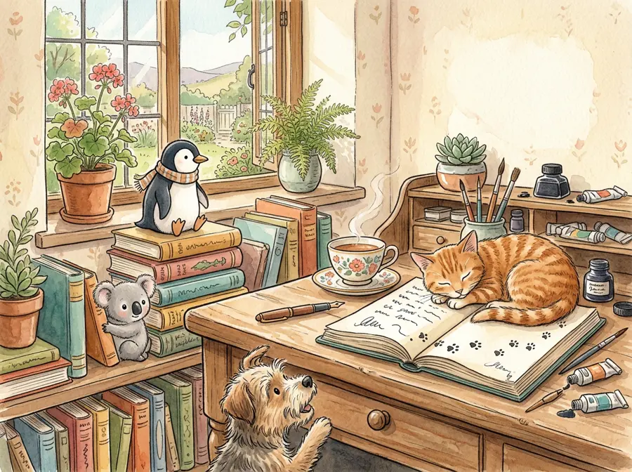 Aquarell-Illustration: ein Schreibtisch voller Bücher, auf dem ein Kater schläft, daneben ein Pinguin, ein Koala und ein neugieriger Hund